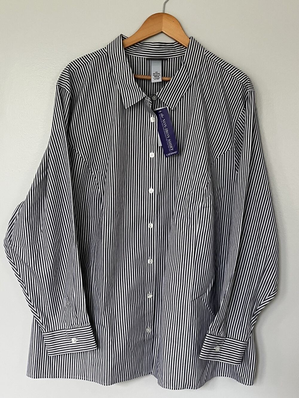 Catherines Women’s 4X Gray White Striped Cotton Non-Iron Shirt NWT